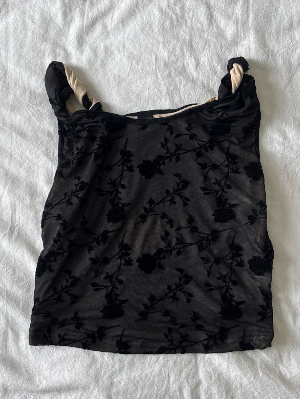 Sheer Black Floral Mesh Tank Top with Twisted Straps